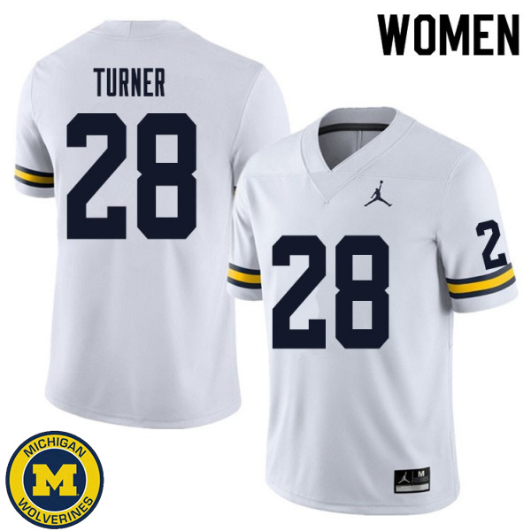 Womens University of Michigan #28 Christian Turner White Embroidery Jersey